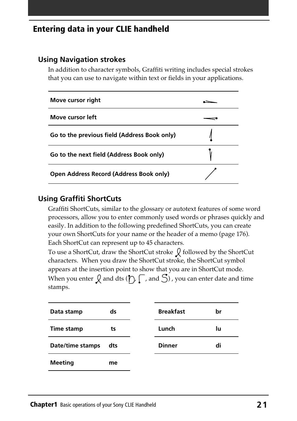Navigation strokes, Shortcuts, 2 1 entering data in your clie handheld | Sony PEG-N710C User Manual | Page 21 / 218