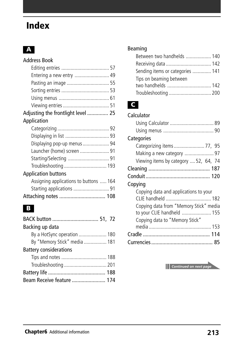 Index, Address book, Application | Application buttons, Backing up data, Battery considerations, Beaming, Calculator, Categories, Copying | Sony PEG-N710C User Manual | Page 213 / 218