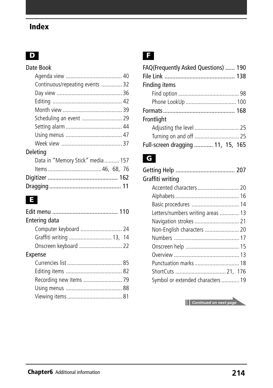 Date book, Deleting, Entering data | Expense, Finding items, Frontlight, Graffiti writing, Index | Sony PEG-N710C User Manual | Page 214 / 218