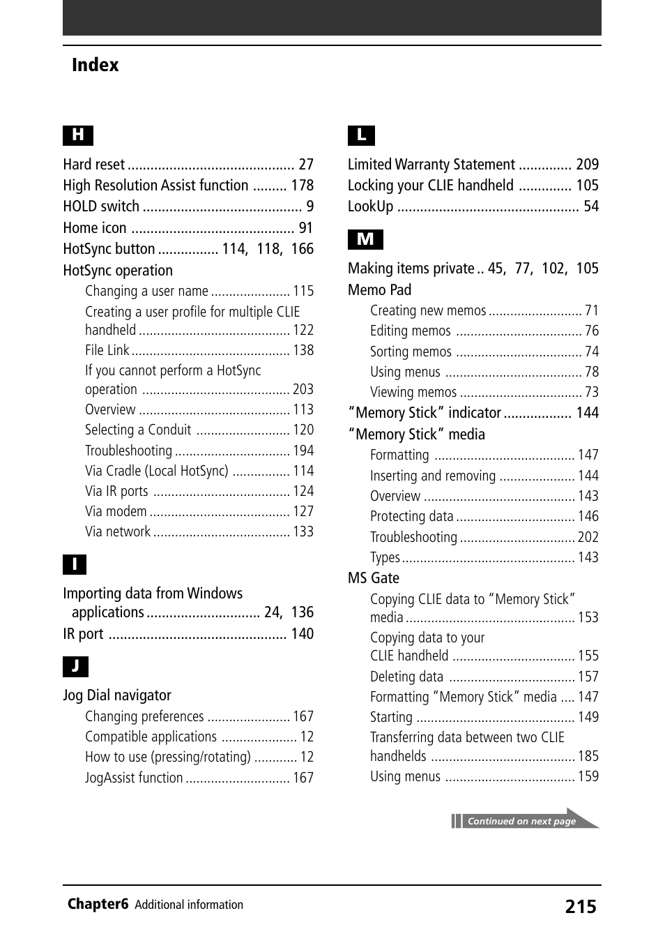 Hotsync operation, Jog dial navigator, Memo pad | Memory stick” media, Ms gate, Index | Sony PEG-N710C User Manual | Page 215 / 218