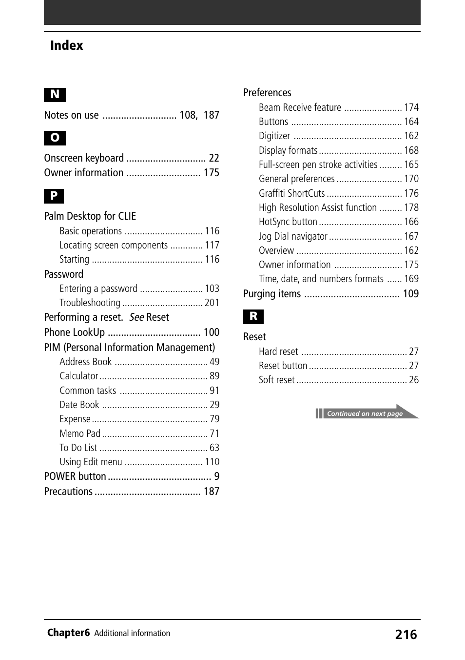 Palm desktop for clie, Password, Performing a reset. see reset | Pim (personal information management), Preferences, Reset, Index | Sony PEG-N710C User Manual | Page 216 / 218