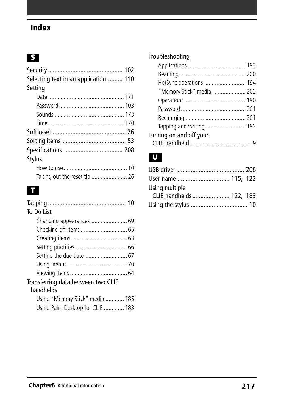 Setting, Stylus, To do list | Transferring data between two clie handhelds, Troubleshooting, Index | Sony PEG-N710C User Manual | Page 217 / 218