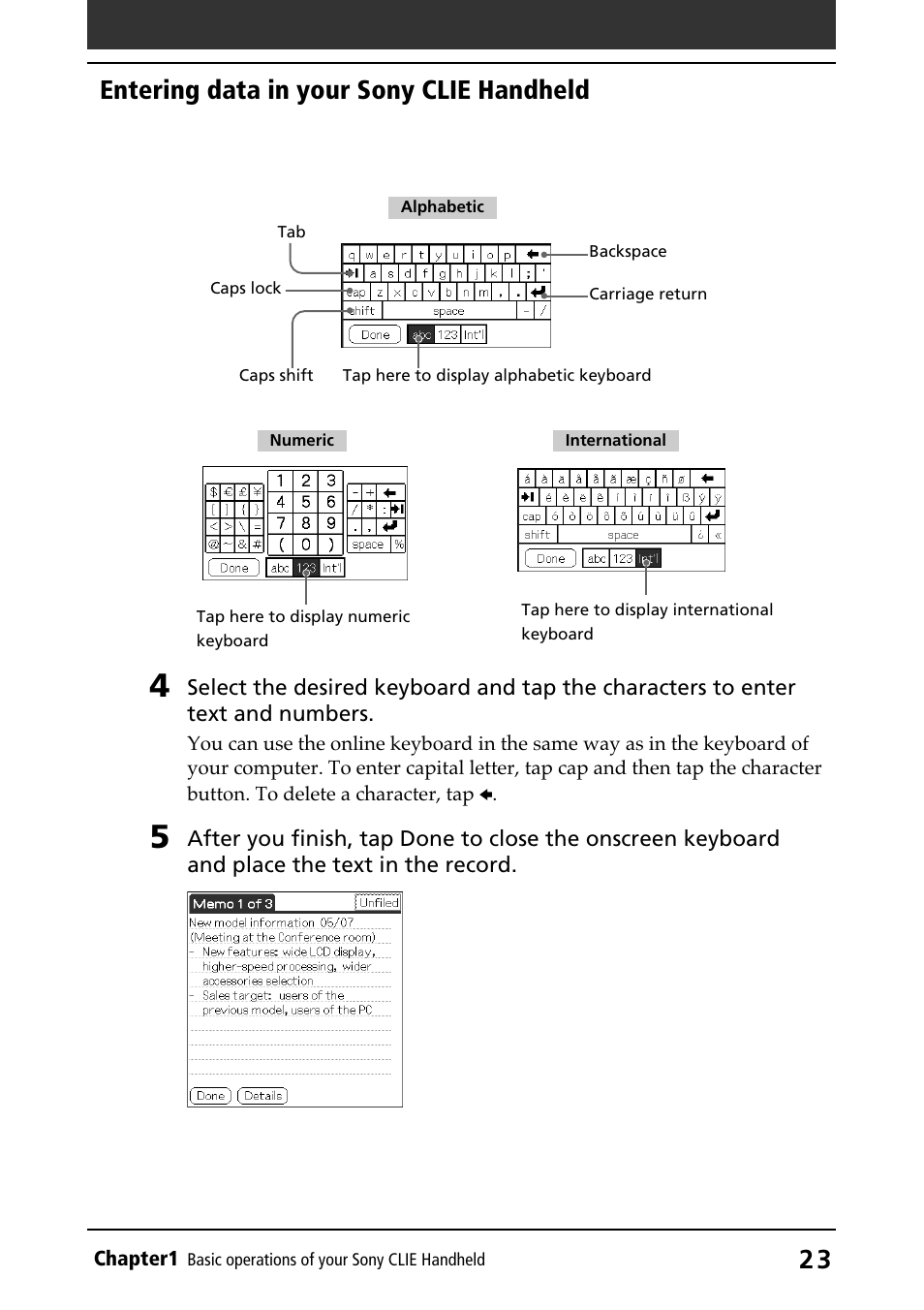 Entering data in your sony clie handheld | Sony PEG-N710C User Manual | Page 23 / 218