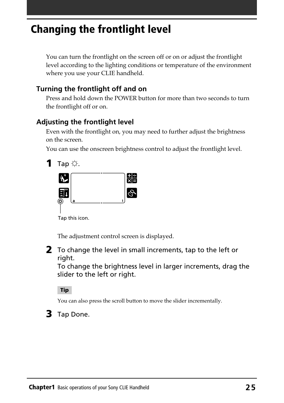 Changing the frontlight level, Adjusting the frontlight level, Adjusting the level | Turning on and off | Sony PEG-N710C User Manual | Page 25 / 218