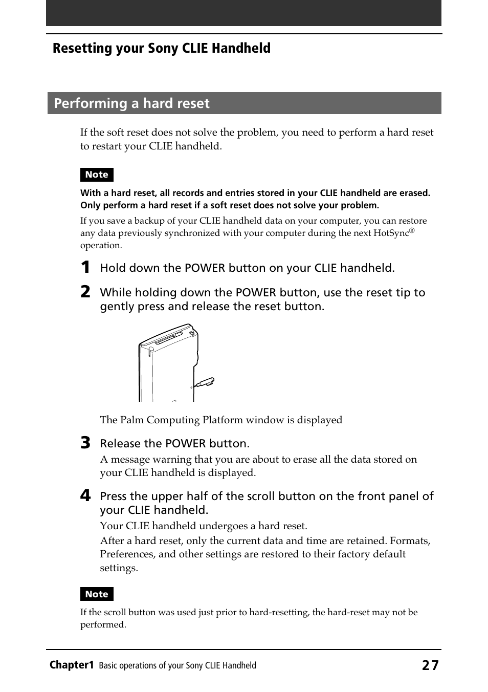 Performing a hard reset, Hard reset, Reset button | 2 7 performing a hard reset, Resetting your sony clie handheld | Sony PEG-N710C User Manual | Page 27 / 218