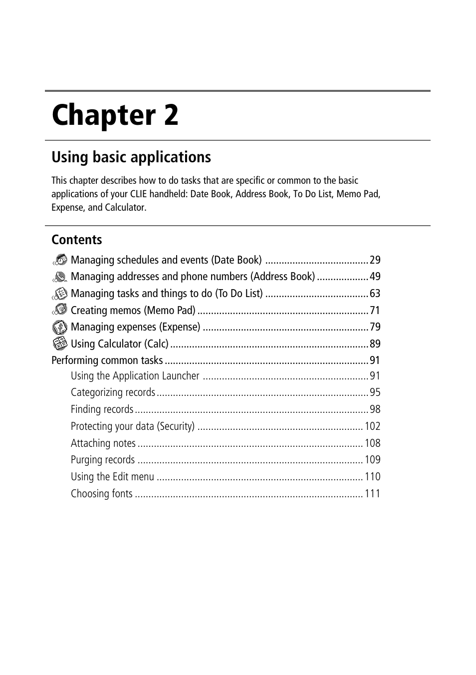 Chapter 2: using basic applications, Chapter 2, Using basic applications | Chapter 2) | Sony PEG-N710C User Manual | Page 28 / 218