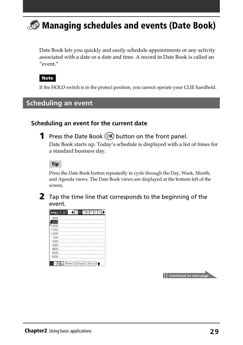 Managing schedules and events (date book), Scheduling an event, Date book | Managing schedules and events, Date book) | Sony PEG-N710C User Manual | Page 29 / 218