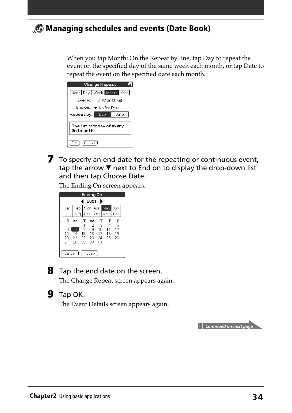 Managing schedules and events (date book) | Sony PEG-N710C User Manual | Page 34 / 218