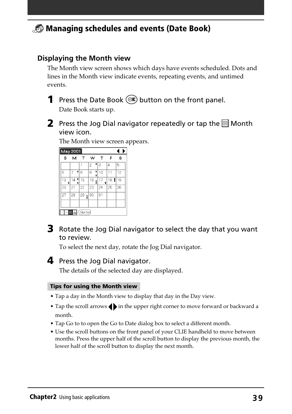 Month view, Managing schedules and events (date book) | Sony PEG-N710C User Manual | Page 39 / 218