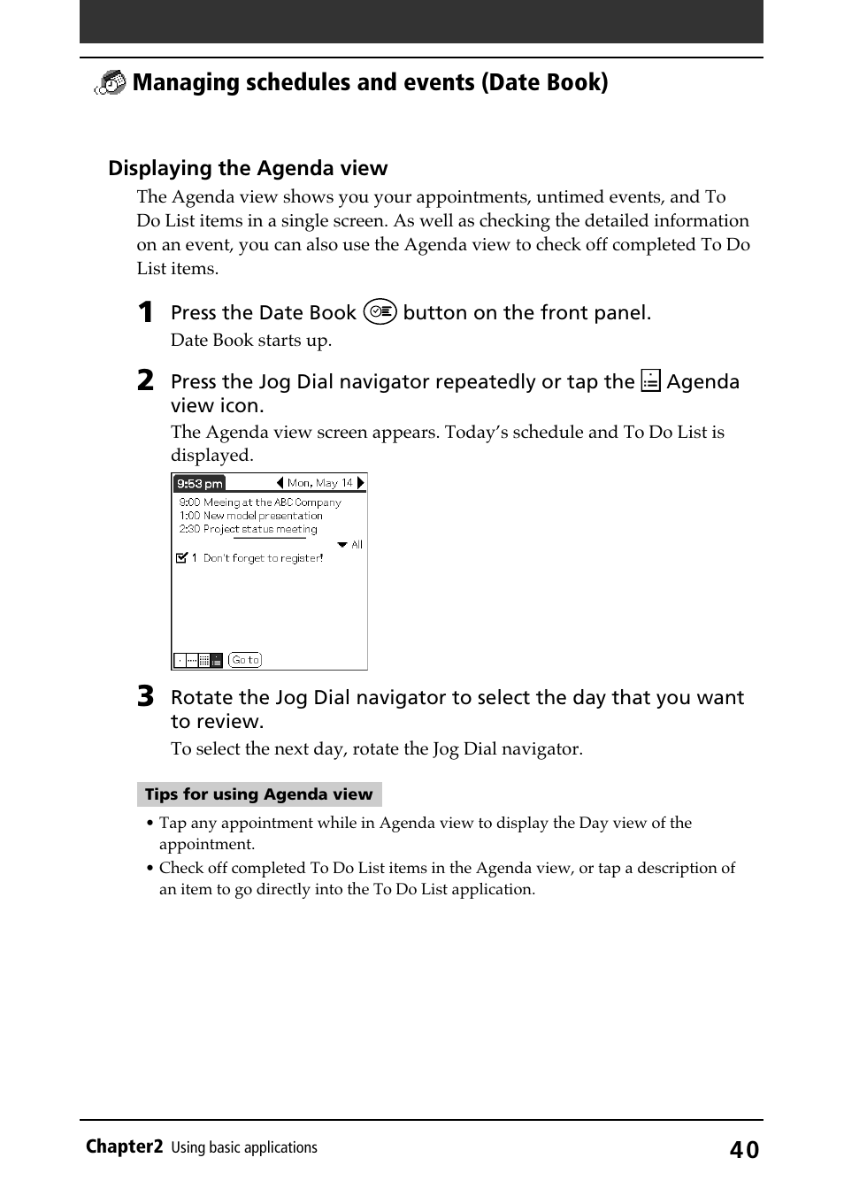 Agenda view, Managing schedules and events (date book) | Sony PEG-N710C User Manual | Page 40 / 218