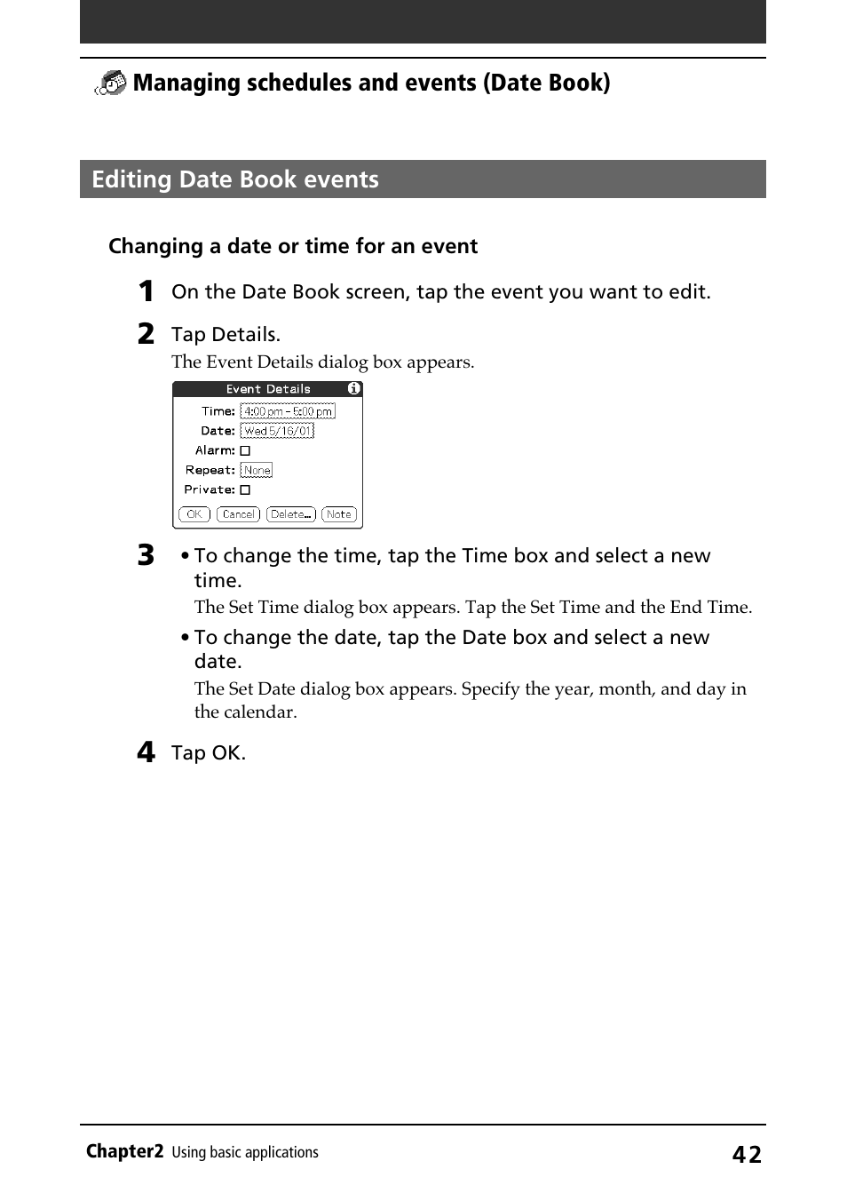 Editing date book events, Editing | Sony PEG-N710C User Manual | Page 42 / 218