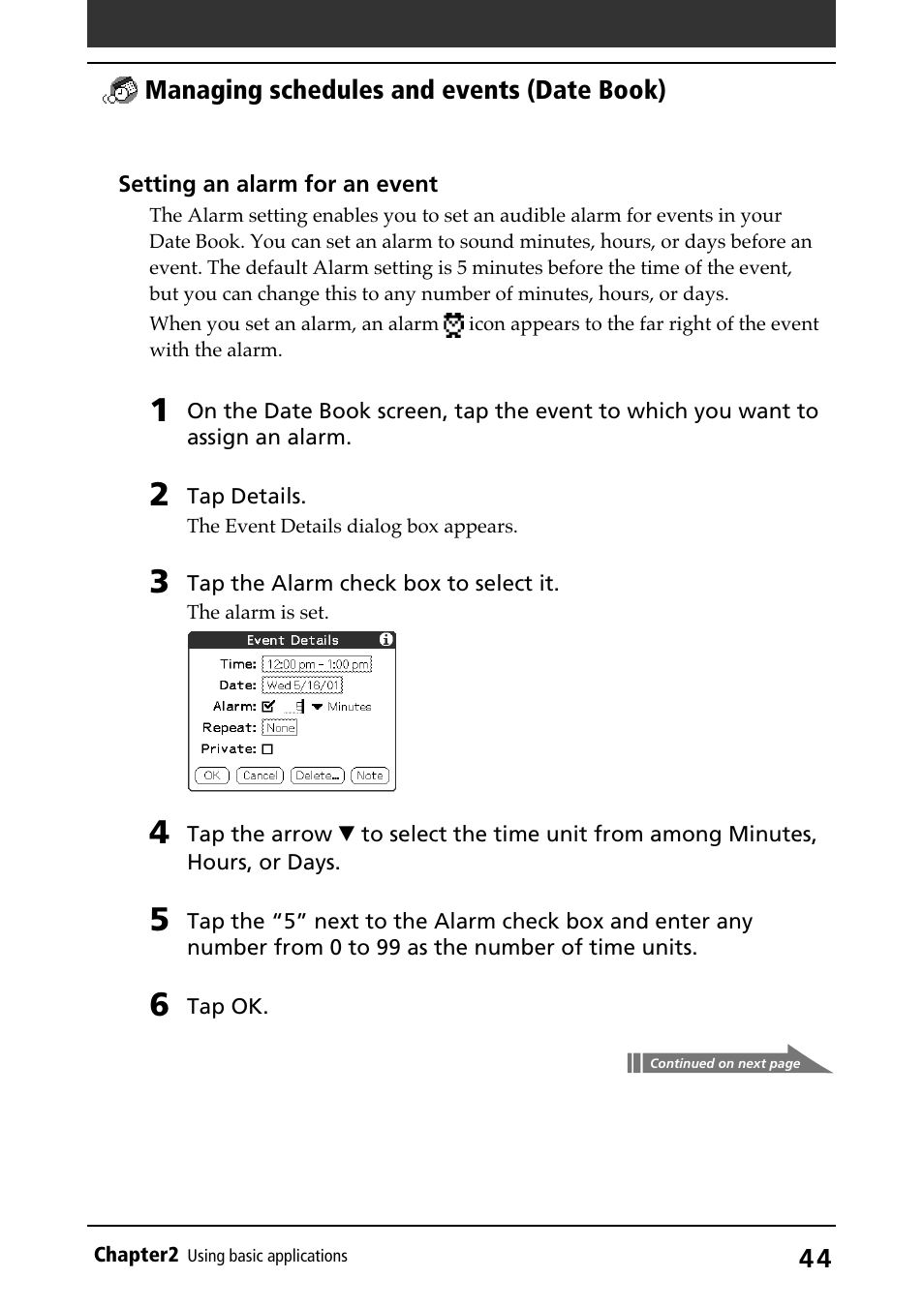 Setting alarm | Sony PEG-N710C User Manual | Page 44 / 218