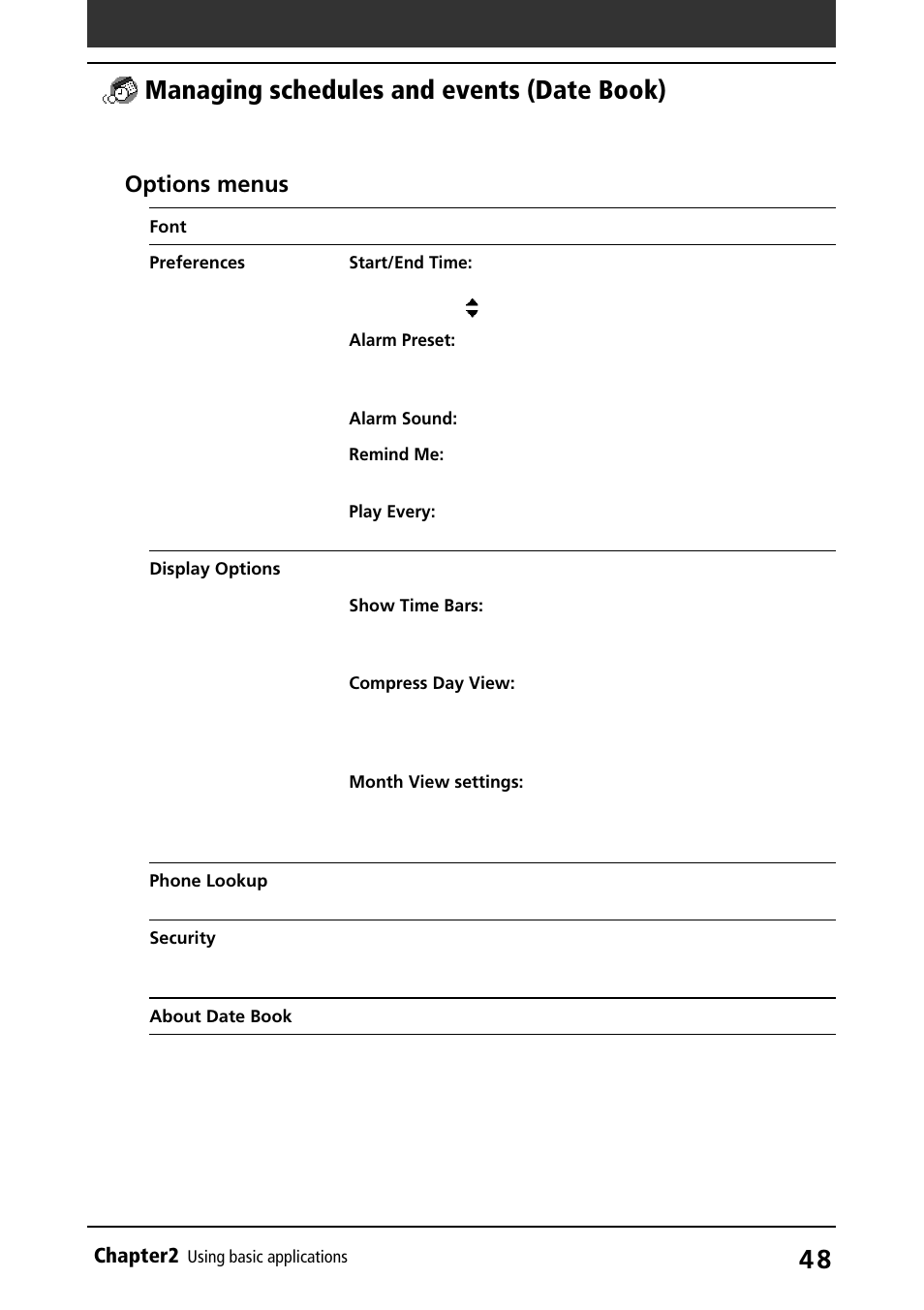 Managing schedules and events (date book), Options menus | Sony PEG-N710C User Manual | Page 48 / 218