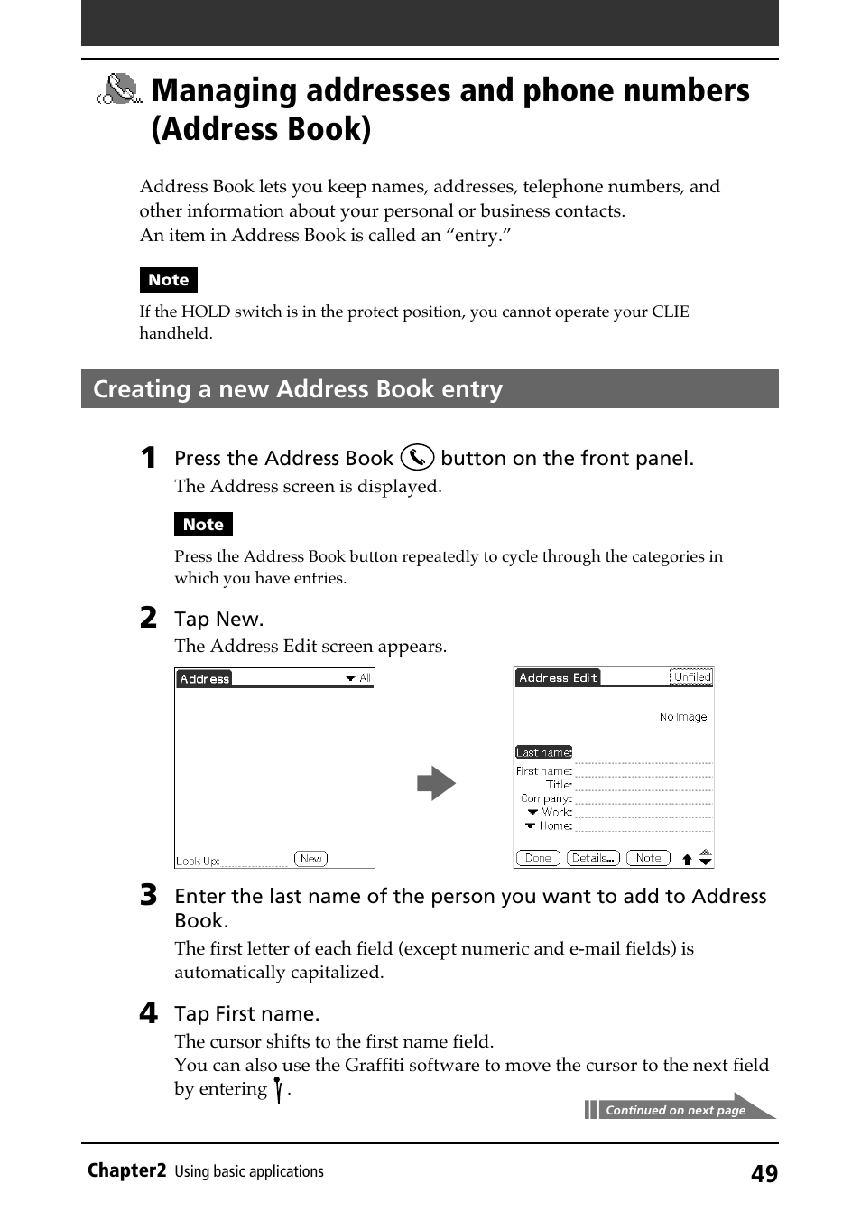 Creating a new address book entry, Entering a new entry, Address book | Sony PEG-N710C User Manual | Page 49 / 218