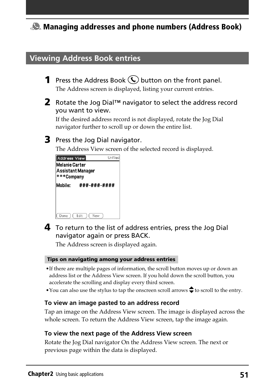 Viewing address book entries, Viewing entries, Back button | Sony PEG-N710C User Manual | Page 51 / 218