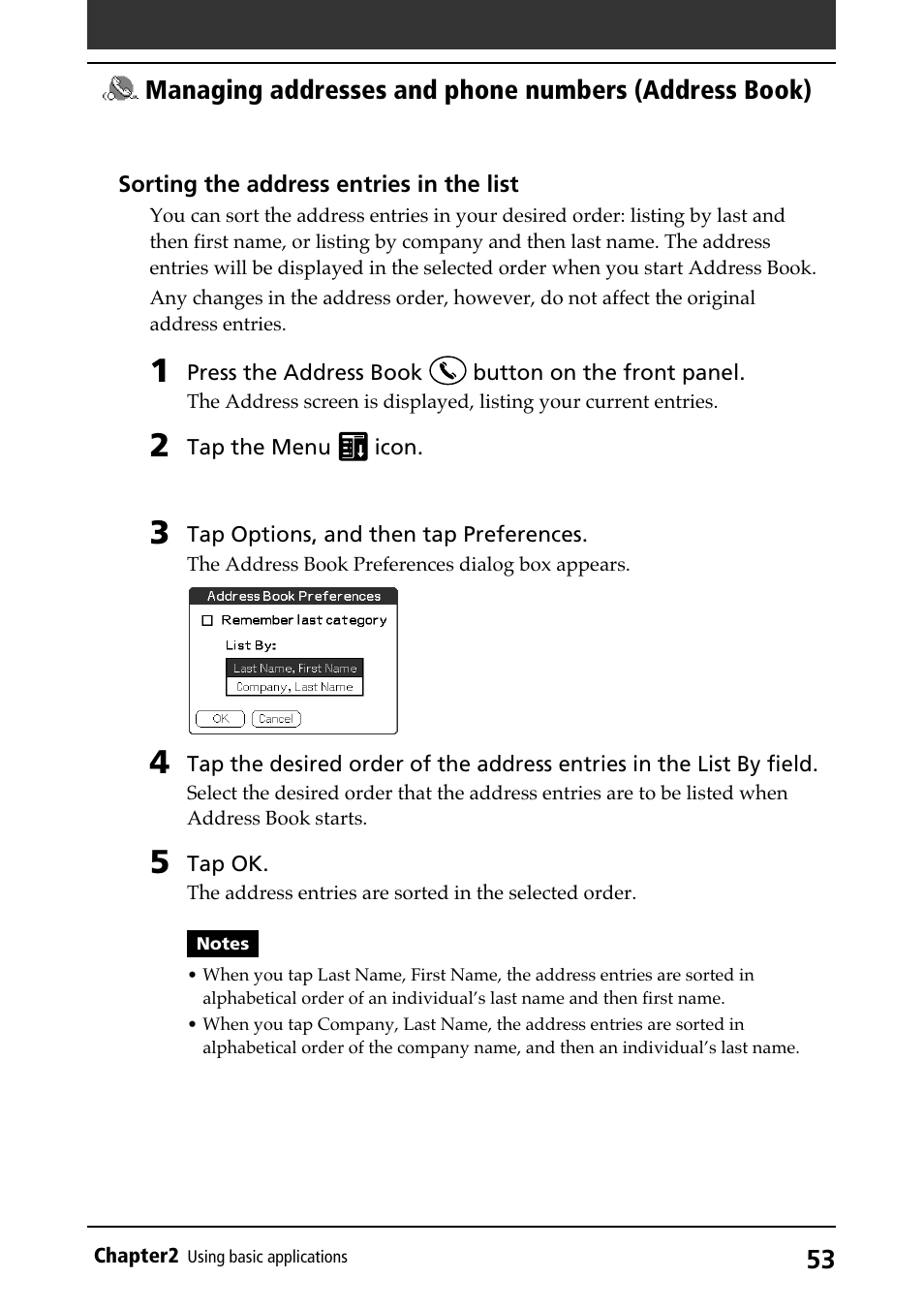 Sorting entries, Sorting items | Sony PEG-N710C User Manual | Page 53 / 218