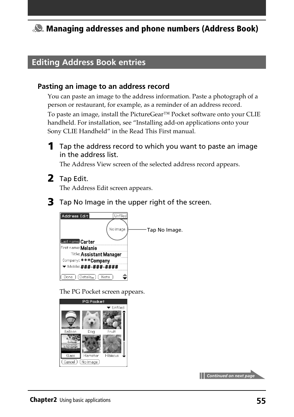 Editing address book entries, Pasting an image | Sony PEG-N710C User Manual | Page 55 / 218