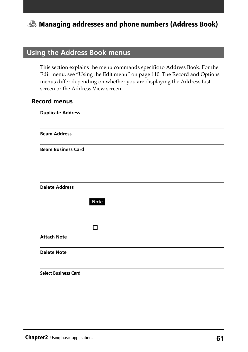 Using the address book menus, Using menus, Record menus | Sony PEG-N710C User Manual | Page 61 / 218