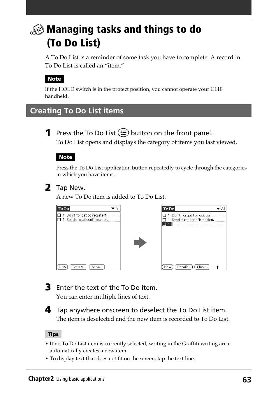 Managing tasks and things to do (to do list), Creating to do list items, To do list | Creating items, Managing tasks and things to do, To do list) | Sony PEG-N710C User Manual | Page 63 / 218