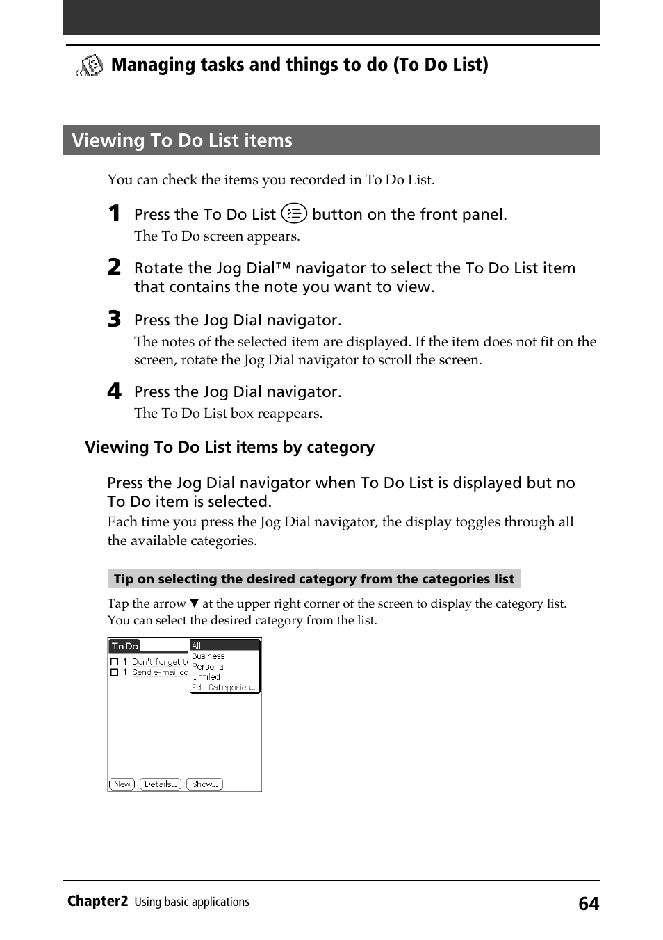 Viewing to do list items, Viewing items | Sony PEG-N710C User Manual | Page 64 / 218