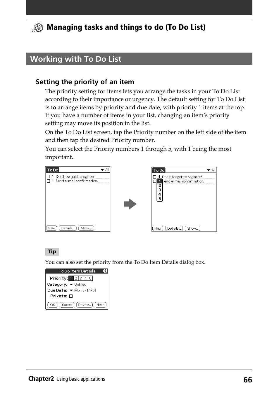 Working with to do list, Setting priorities | Sony PEG-N710C User Manual | Page 66 / 218