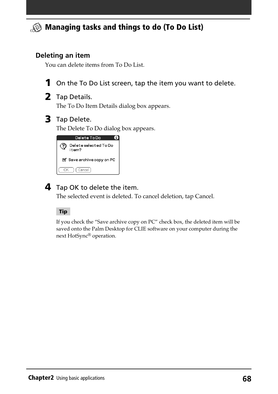 Managing tasks and things to do (to do list) | Sony PEG-N710C User Manual | Page 68 / 218