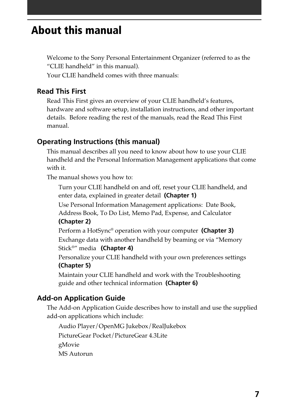 About this manual | Sony PEG-N710C User Manual | Page 7 / 218