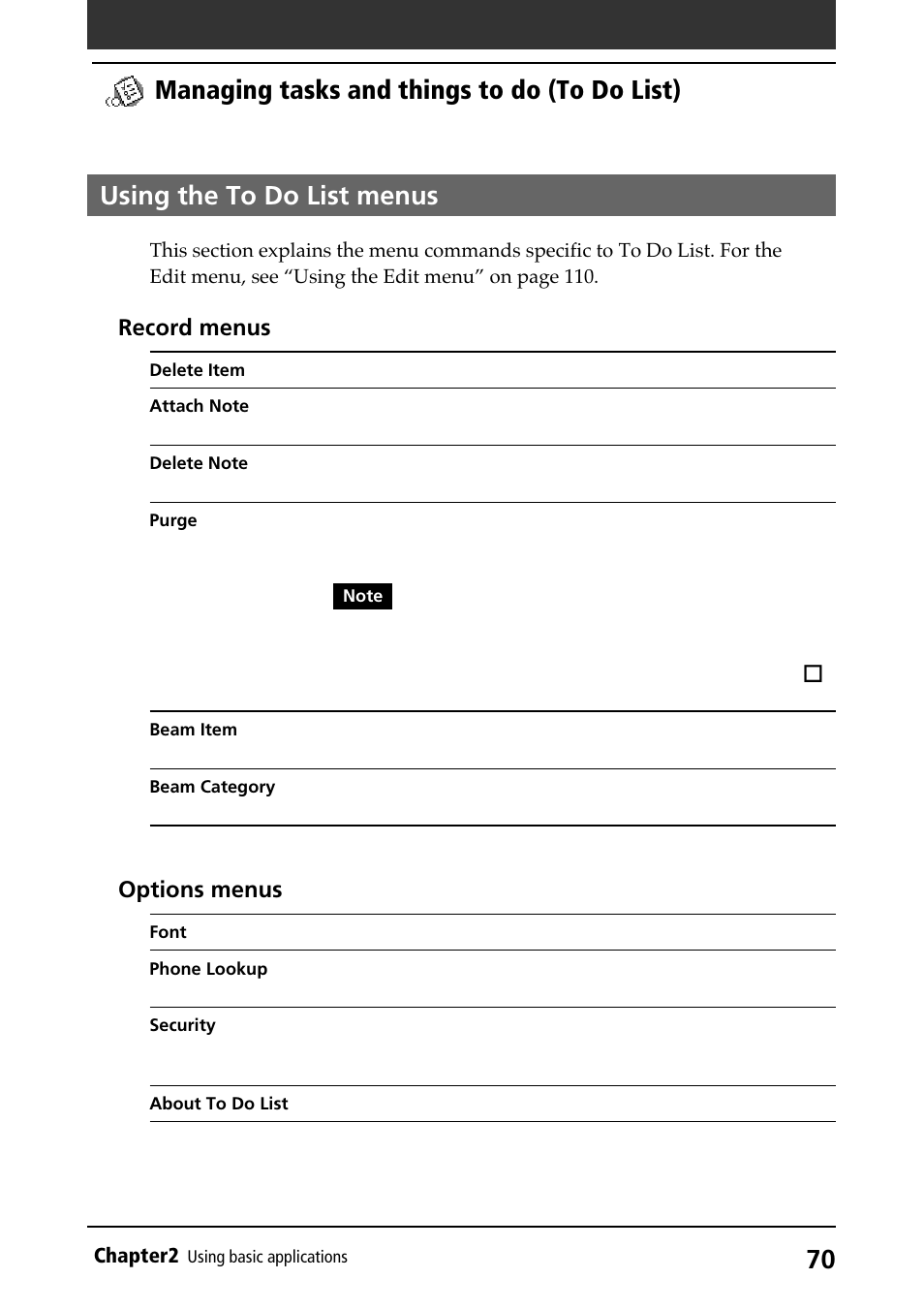 Using the to do list menus, Using menus, Managing tasks and things to do (to do list) | Record menus, Options menus | Sony PEG-N710C User Manual | Page 70 / 218