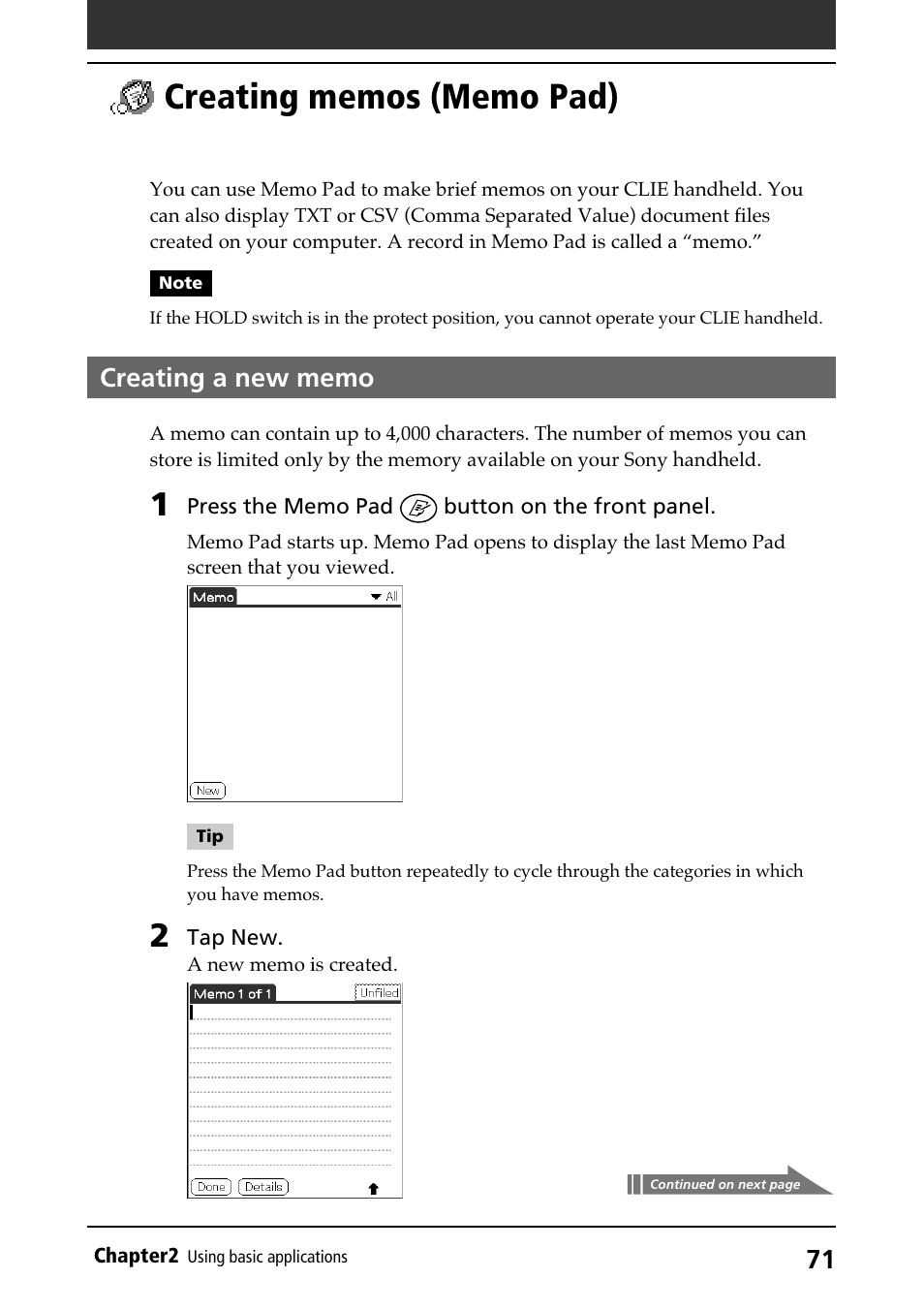 Creating memos (memo pad), Creating a new memo, Creating new memos | Memo pad, Creating memos, Memo pad) | Sony PEG-N710C User Manual | Page 71 / 218