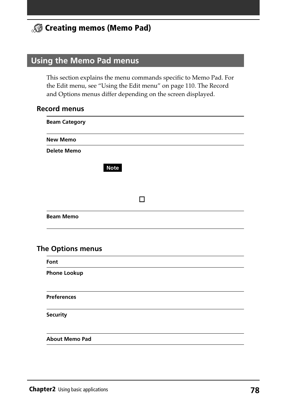 Using the memo pad menus, Using menus, Record menus | The options menus | Sony PEG-N710C User Manual | Page 78 / 218