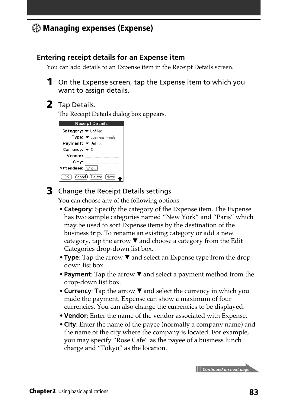 Managing expenses (expense) | Sony PEG-N710C User Manual | Page 83 / 218