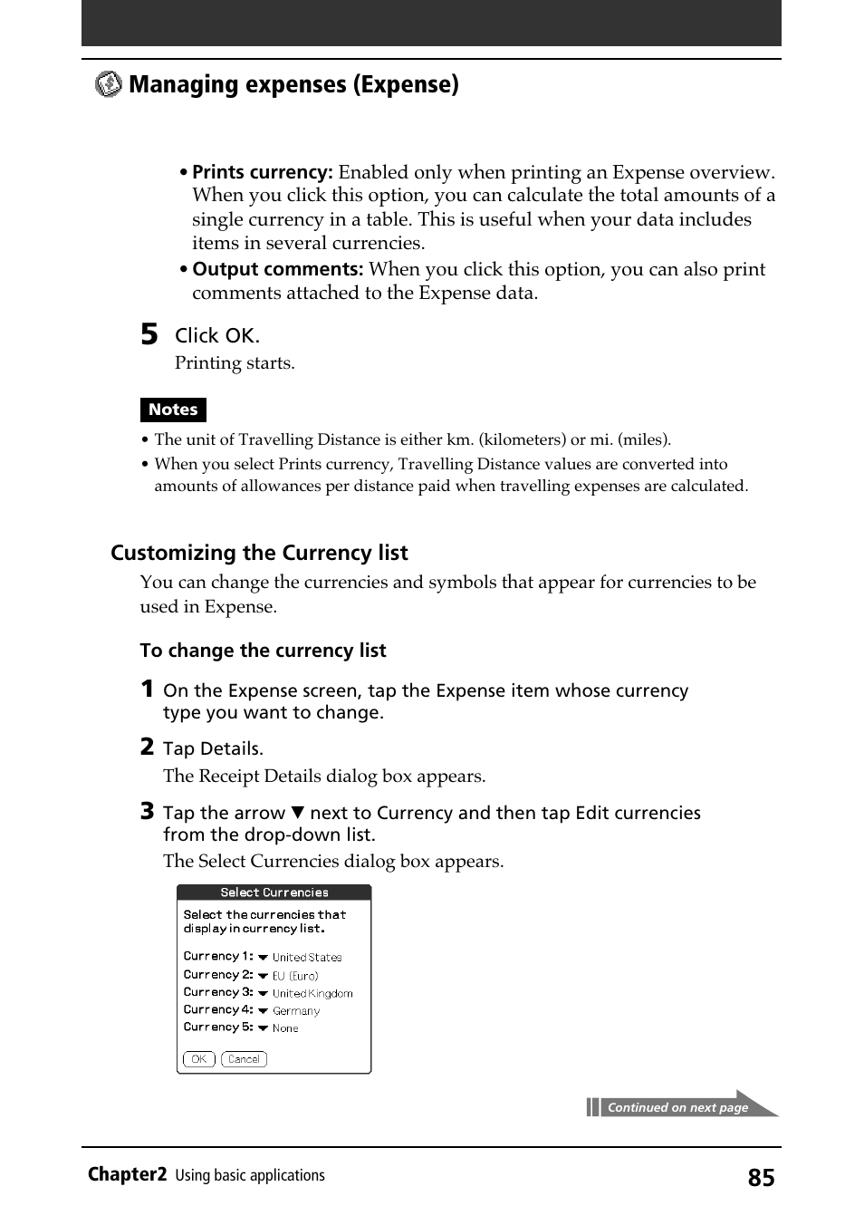 Currencies, Currencies list, Managing expenses (expense) | Sony PEG-N710C User Manual | Page 85 / 218