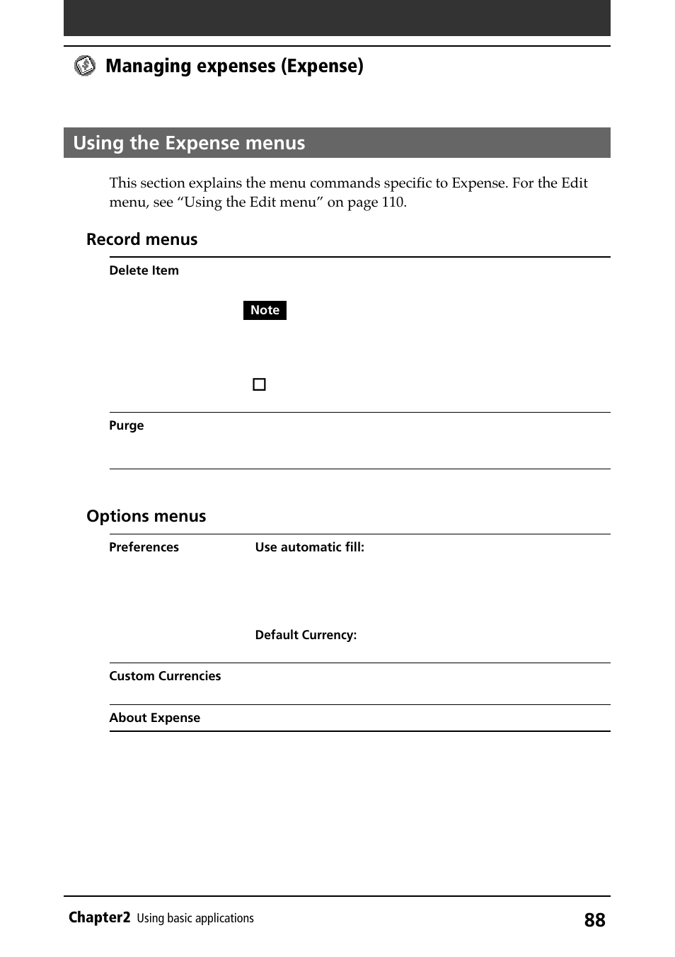 Using the expense menus, Using menus, Managing expenses (expense) | Record menus, Options menus | Sony PEG-N710C User Manual | Page 88 / 218