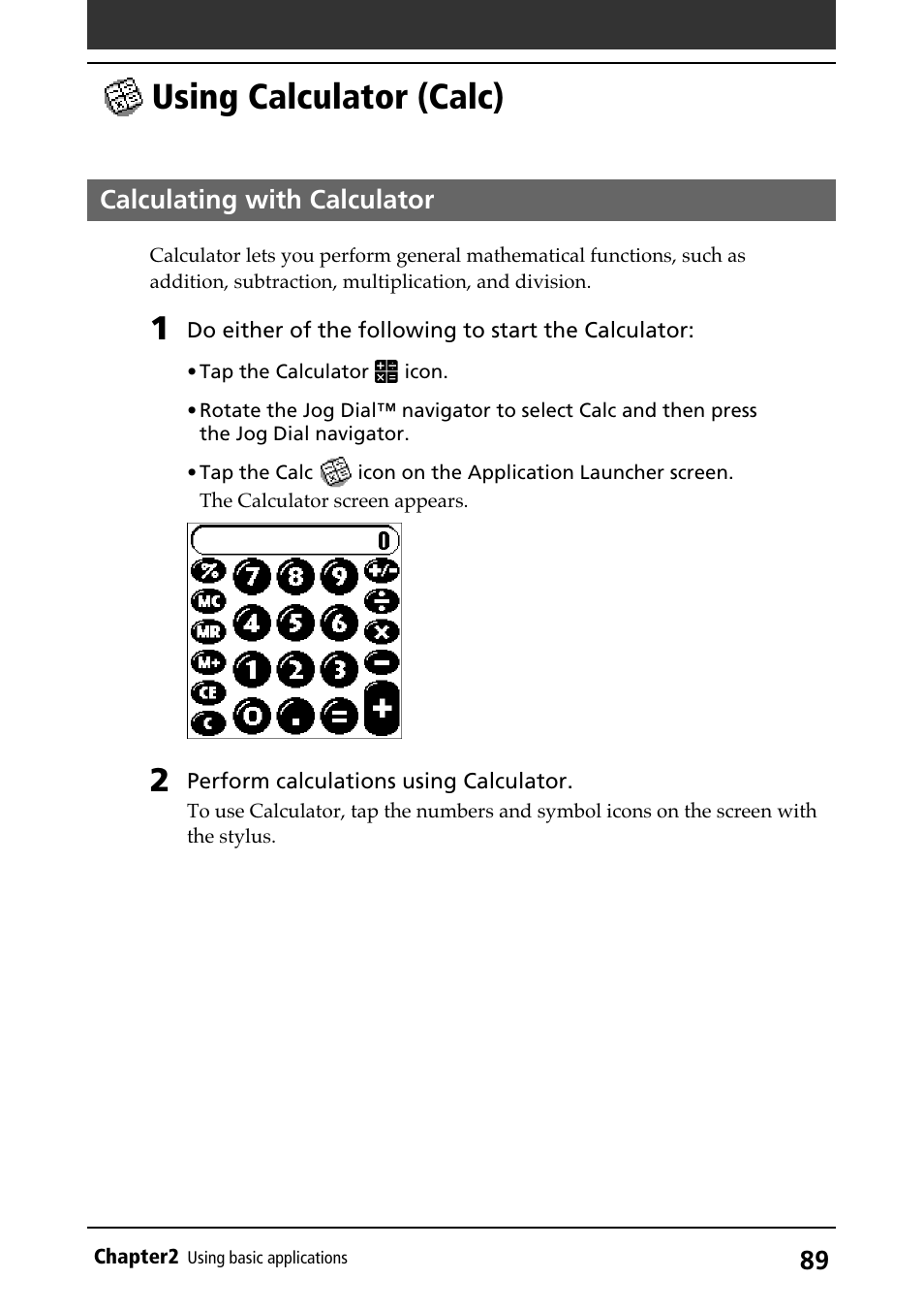 Using calculator (calc), Calculating with calculator, Using calculator | Calculator | Sony PEG-N710C User Manual | Page 89 / 218