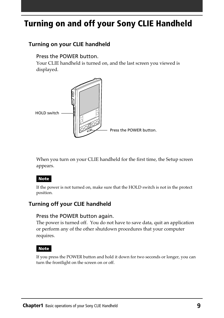 Turning on and off your sony clie handheld, Hold switch, Power button | Turning on and off your clie handheld | Sony PEG-N710C User Manual | Page 9 / 218