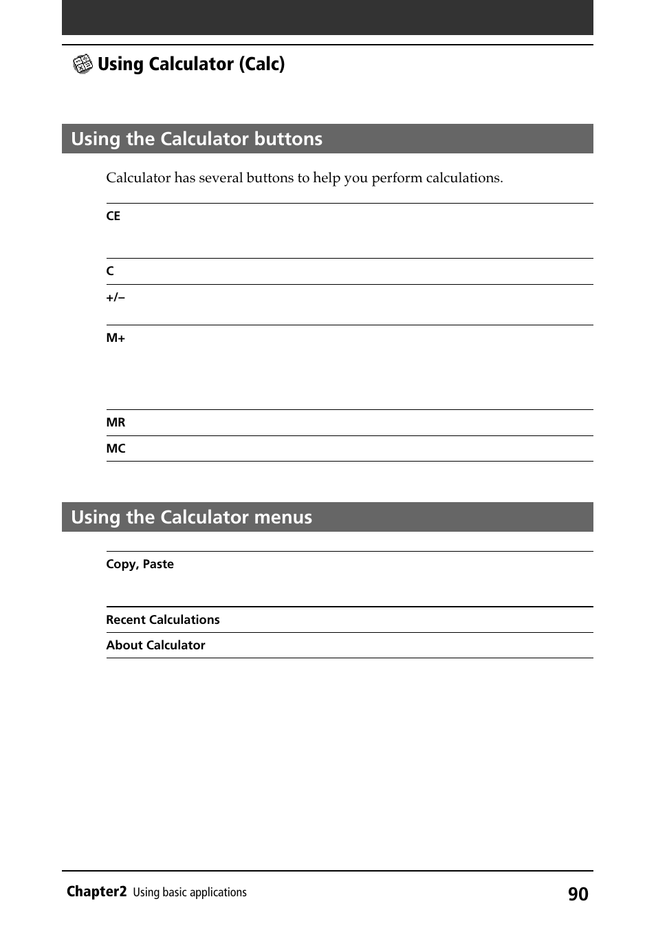 Using the calculator buttons, Using the calculator menus, Using menus | Using calculator (calc) | Sony PEG-N710C User Manual | Page 90 / 218