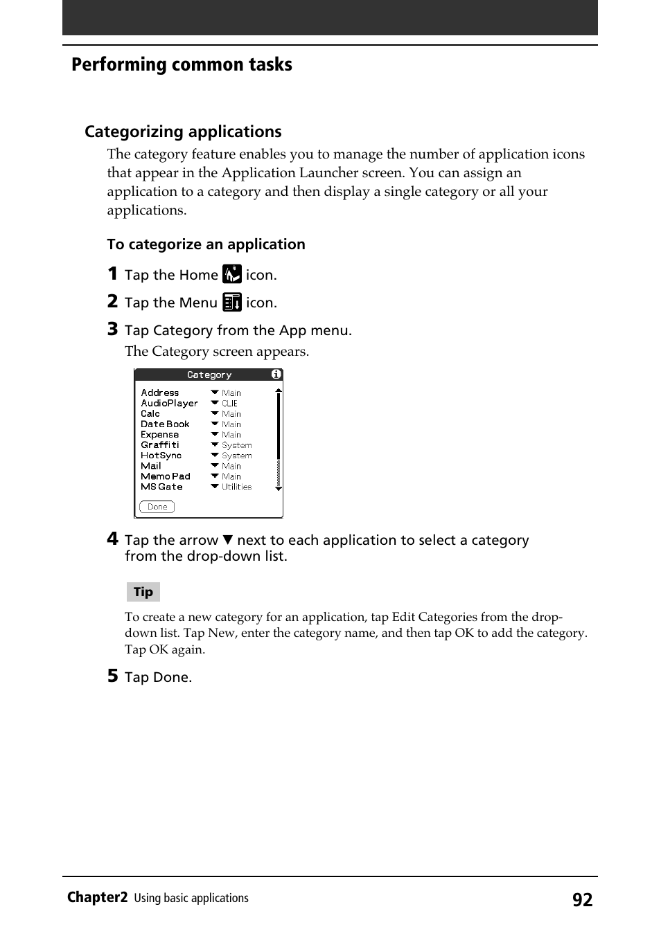 Categorizing, Performing common tasks | Sony PEG-N710C User Manual | Page 92 / 218