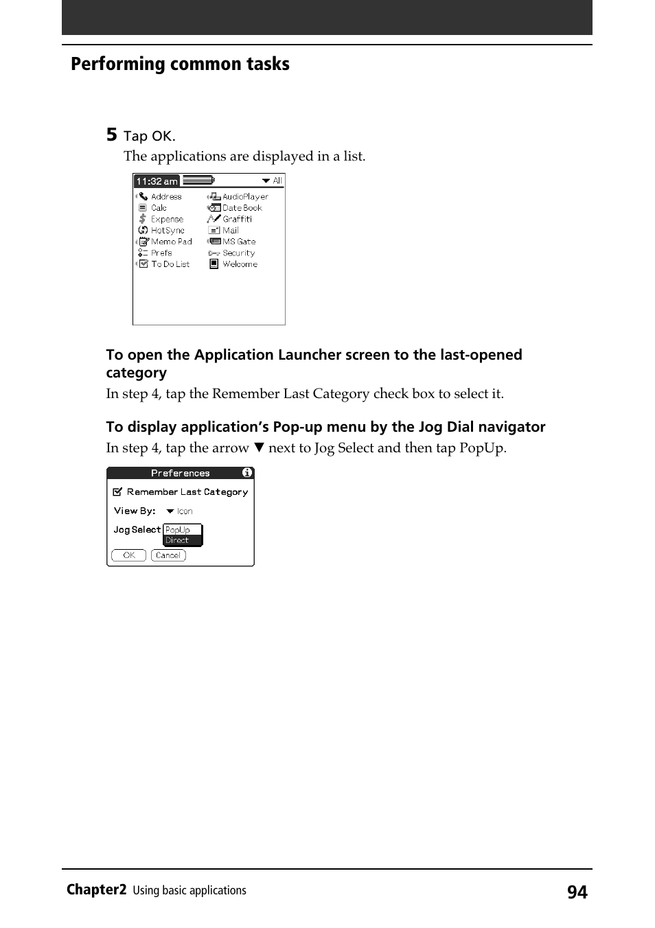 Displaying pop-up menus, Performing common tasks | Sony PEG-N710C User Manual | Page 94 / 218