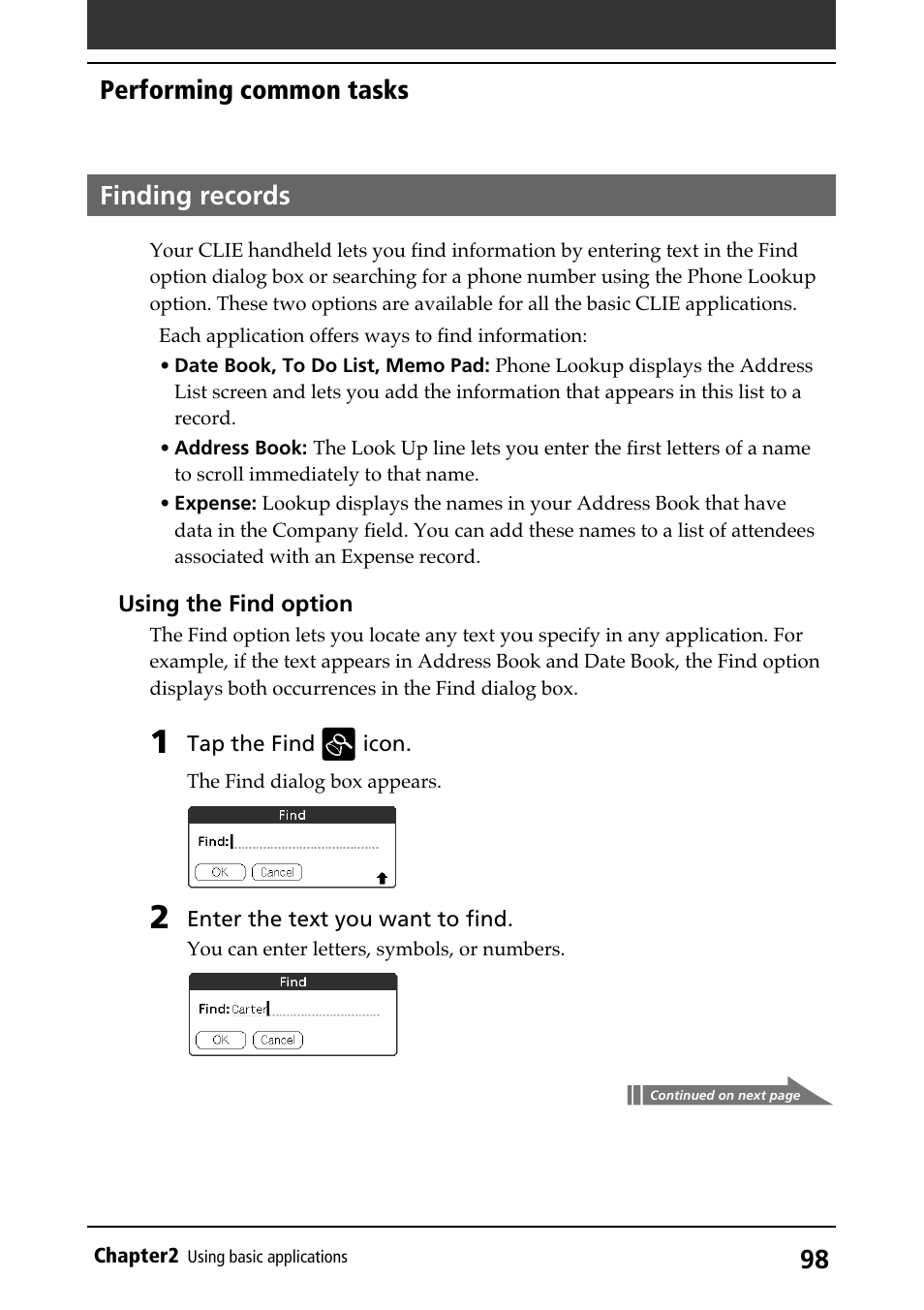 Finding records, Find option, Performing common tasks | Sony PEG-N710C User Manual | Page 98 / 218