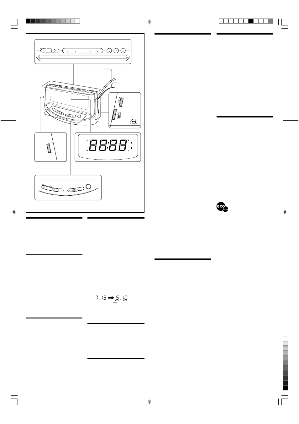 Setting the clock, Playing the radio, Improving the reception | Features, Installing the battery, Changing the brightness of the clock display, Setting the alarm, Setting the sleep timer, Precautions, Specifications | Sony ICF-C492 User Manual | Page 2 / 2