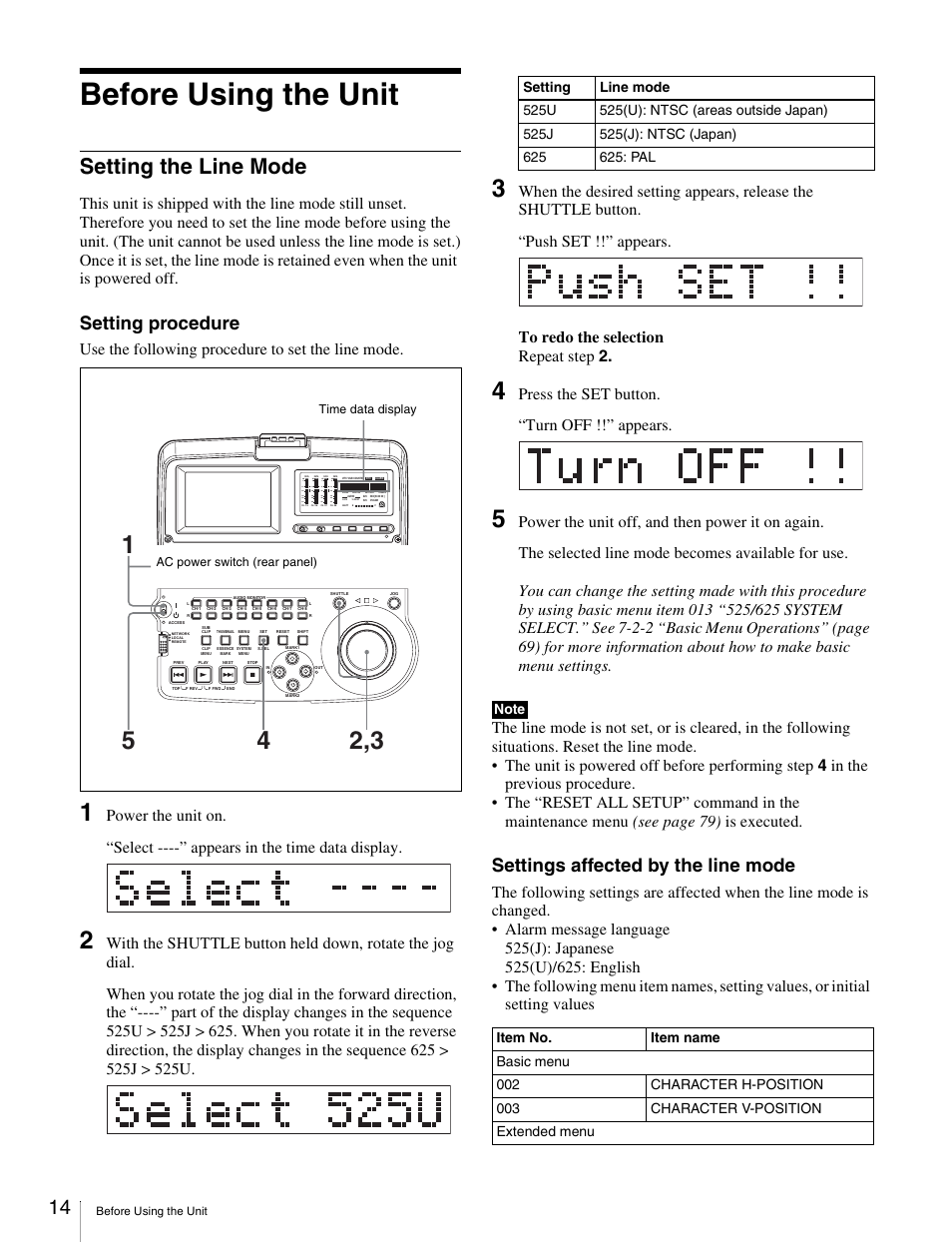 Before using the unit, Setting the line mode, Setting procedure | Settings affected by the line mode, Use the following procedure to set the line mode, Press the set button. “turn off !!” appears, Over | Sony PDW-V1 User Manual | Page 14 / 101