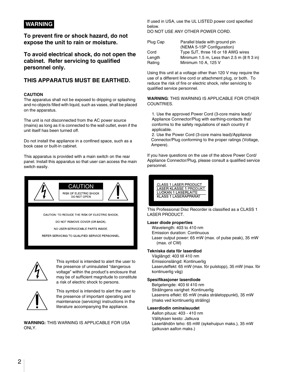 Warning | Sony PDW-V1 User Manual | Page 2 / 101