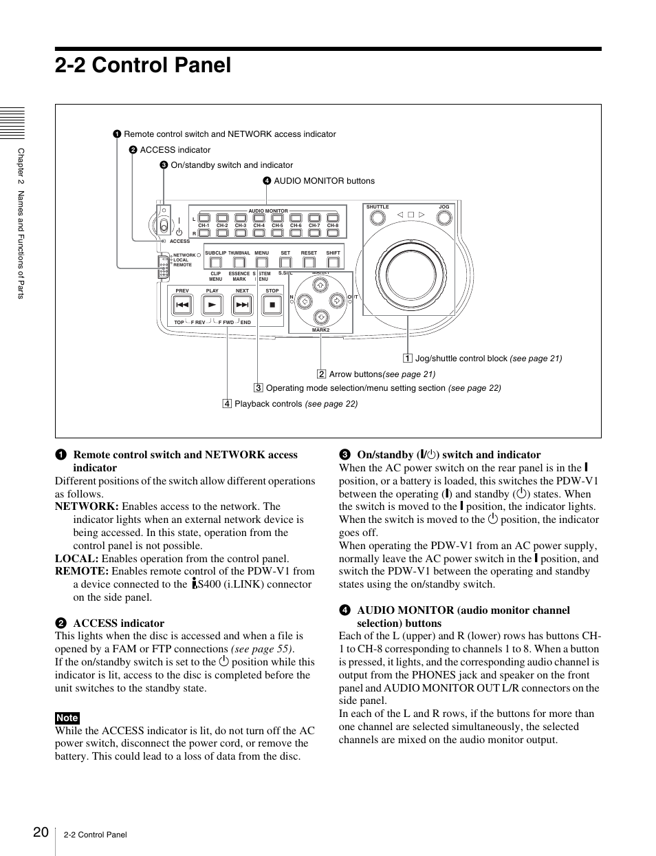 2 control panel, Panel | Sony PDW-V1 User Manual | Page 20 / 101