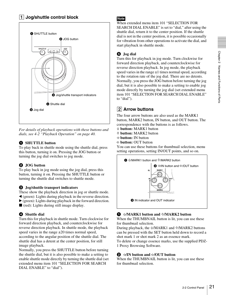 1 jog/shuttle control block, 2 arrow buttons | Sony PDW-V1 User Manual | Page 21 / 101