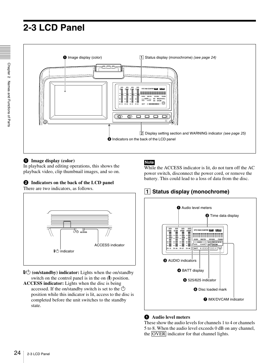 3 lcd panel, 1 status display (monochrome), Over | 1 indicator access indicator | Sony PDW-V1 User Manual | Page 24 / 101