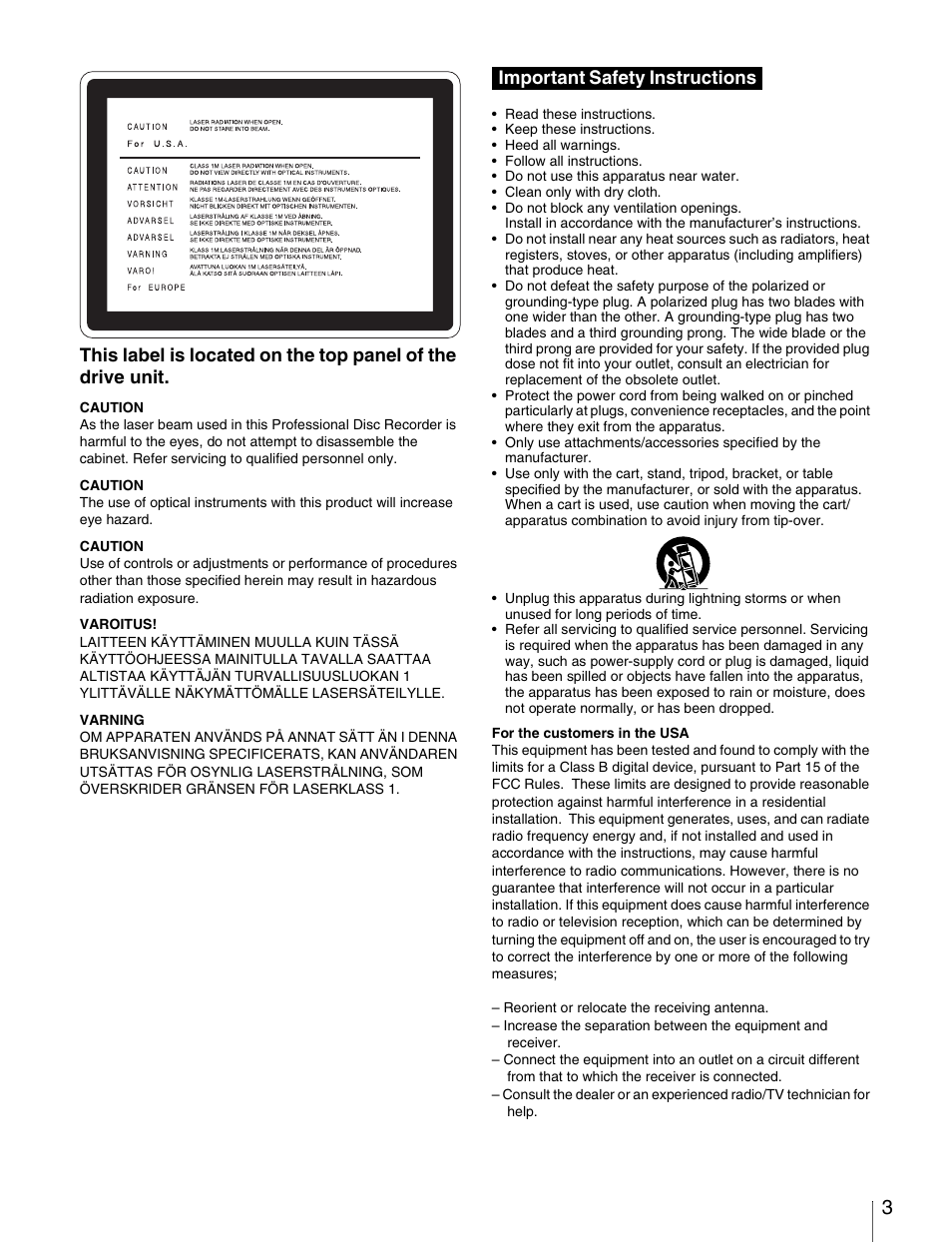 Important safety instructions | Sony PDW-V1 User Manual | Page 3 / 101