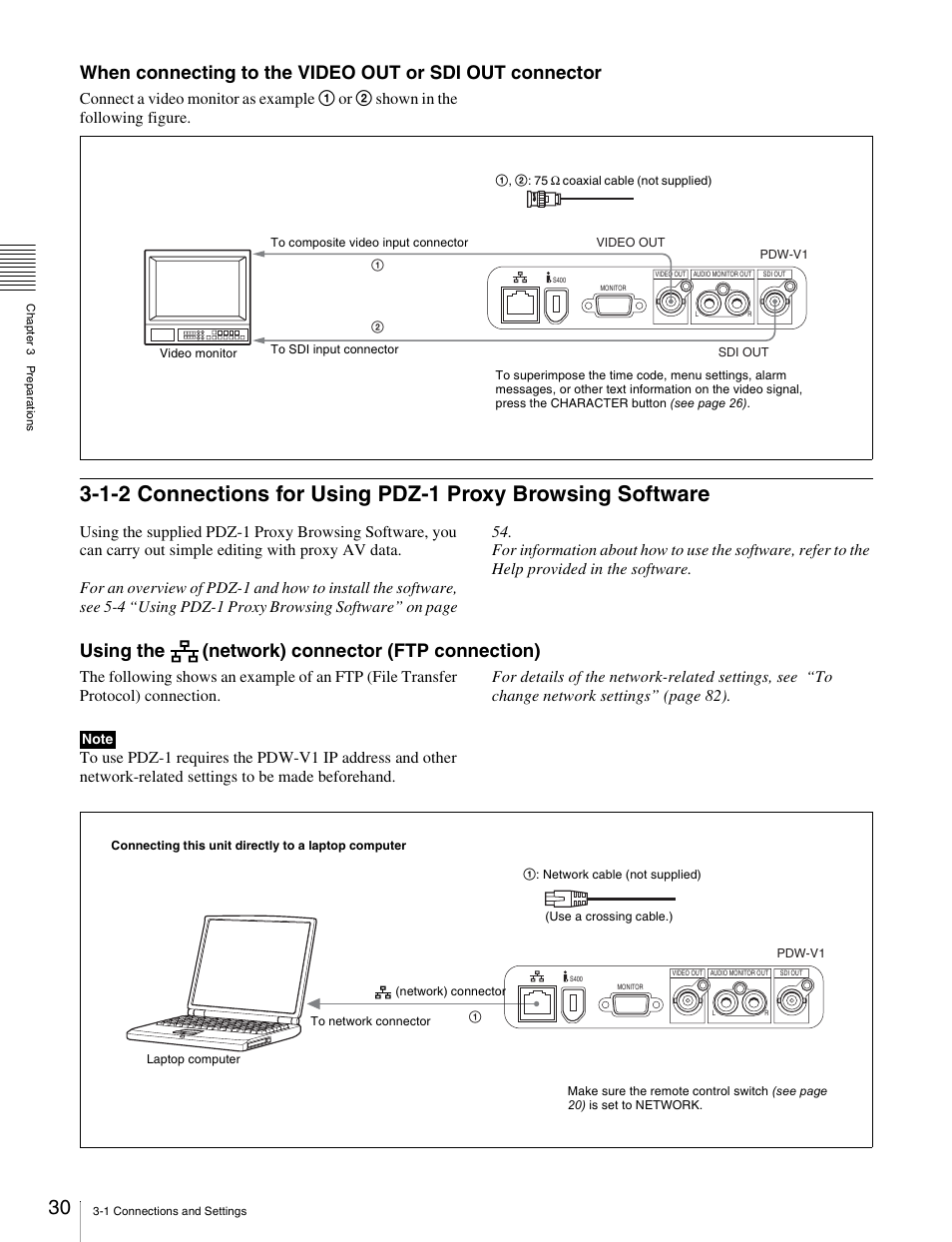 1-2 connections for using pdz-1 proxy, Browsing software, Using the (network) connector (ftp connection) | Sony PDW-V1 User Manual | Page 30 / 101