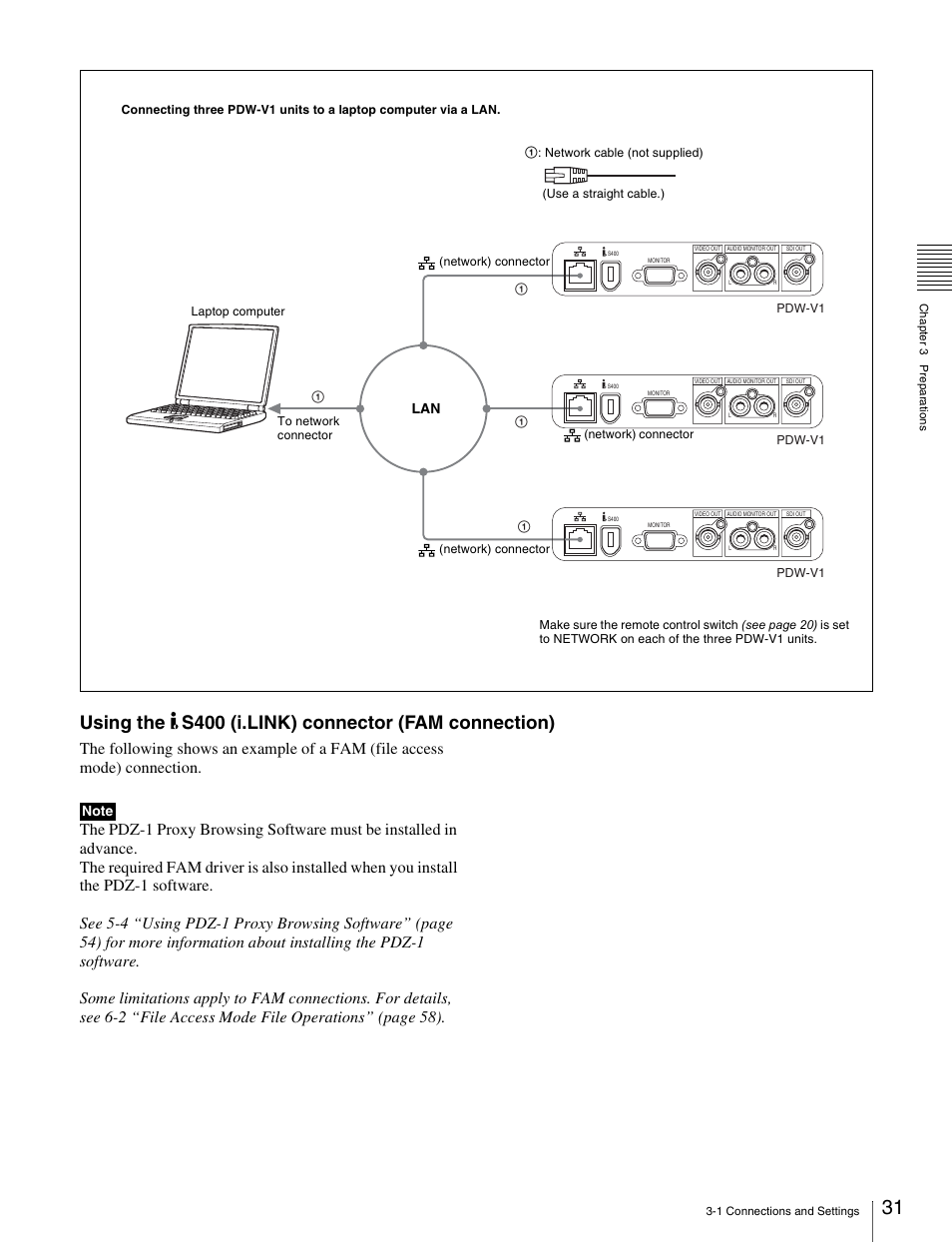 Using the s400 (i.link) connector (fam connection) | Sony PDW-V1 User Manual | Page 31 / 101