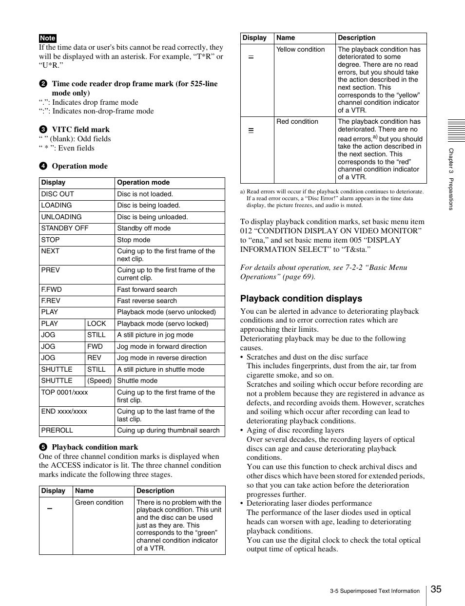 Playback condition displays | Sony PDW-V1 User Manual | Page 35 / 101