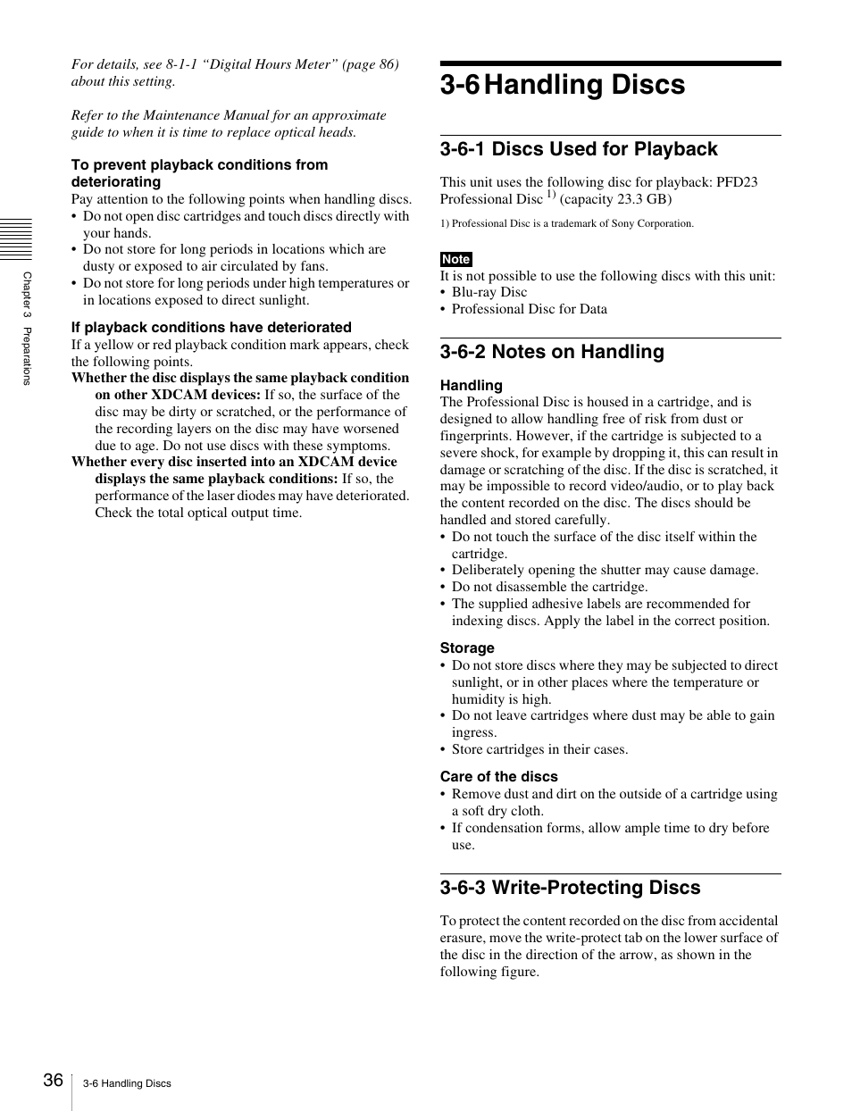 6 handling discs, 6-1 discs used for playback, 6-2 notes on handling | 6-3 write-protecting discs | Sony PDW-V1 User Manual | Page 36 / 101